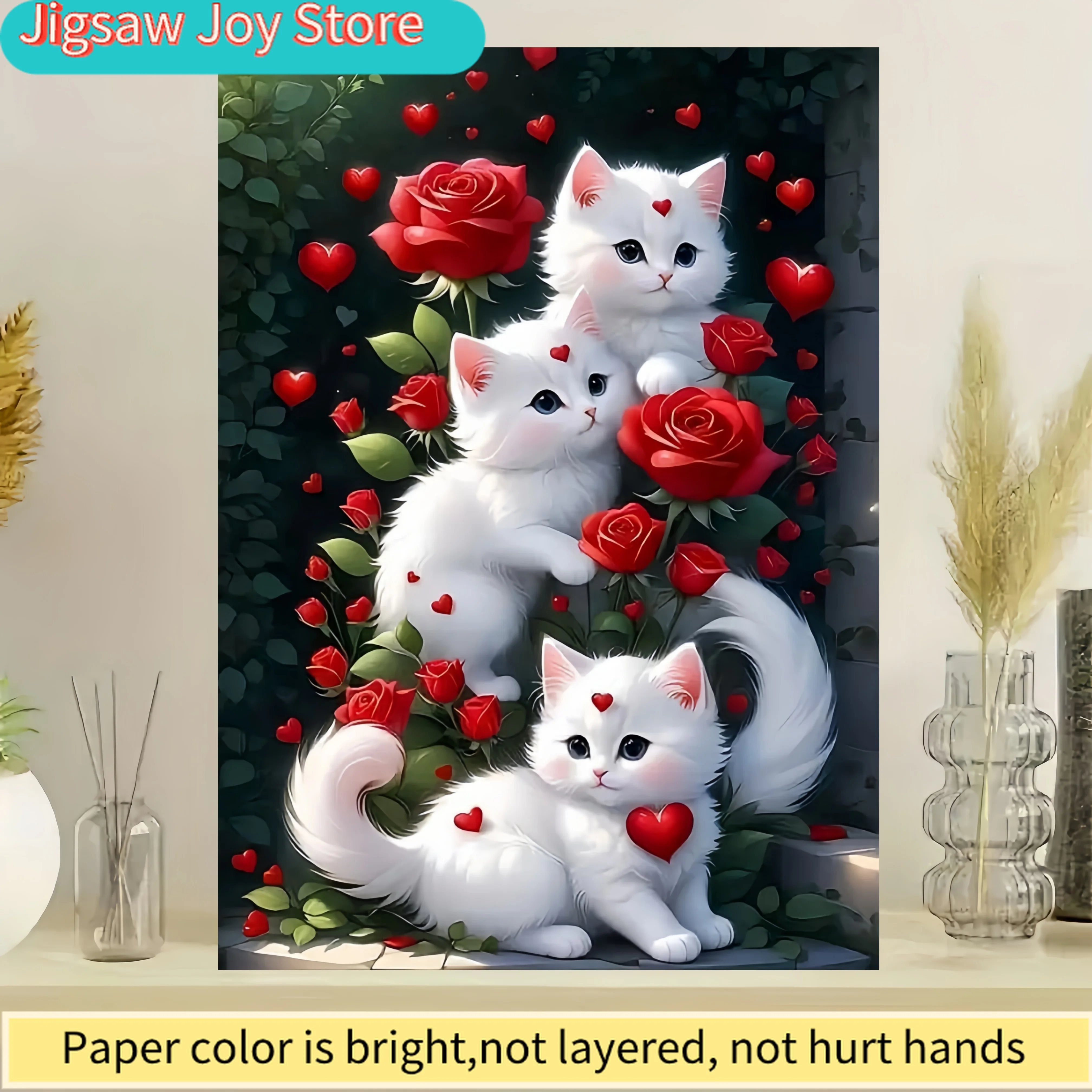 

A 1000pcs Puzzle Featuring Rose Flowers And White Cats, Made from Thick And Durable White Card Paper. This High-Quality Seamle