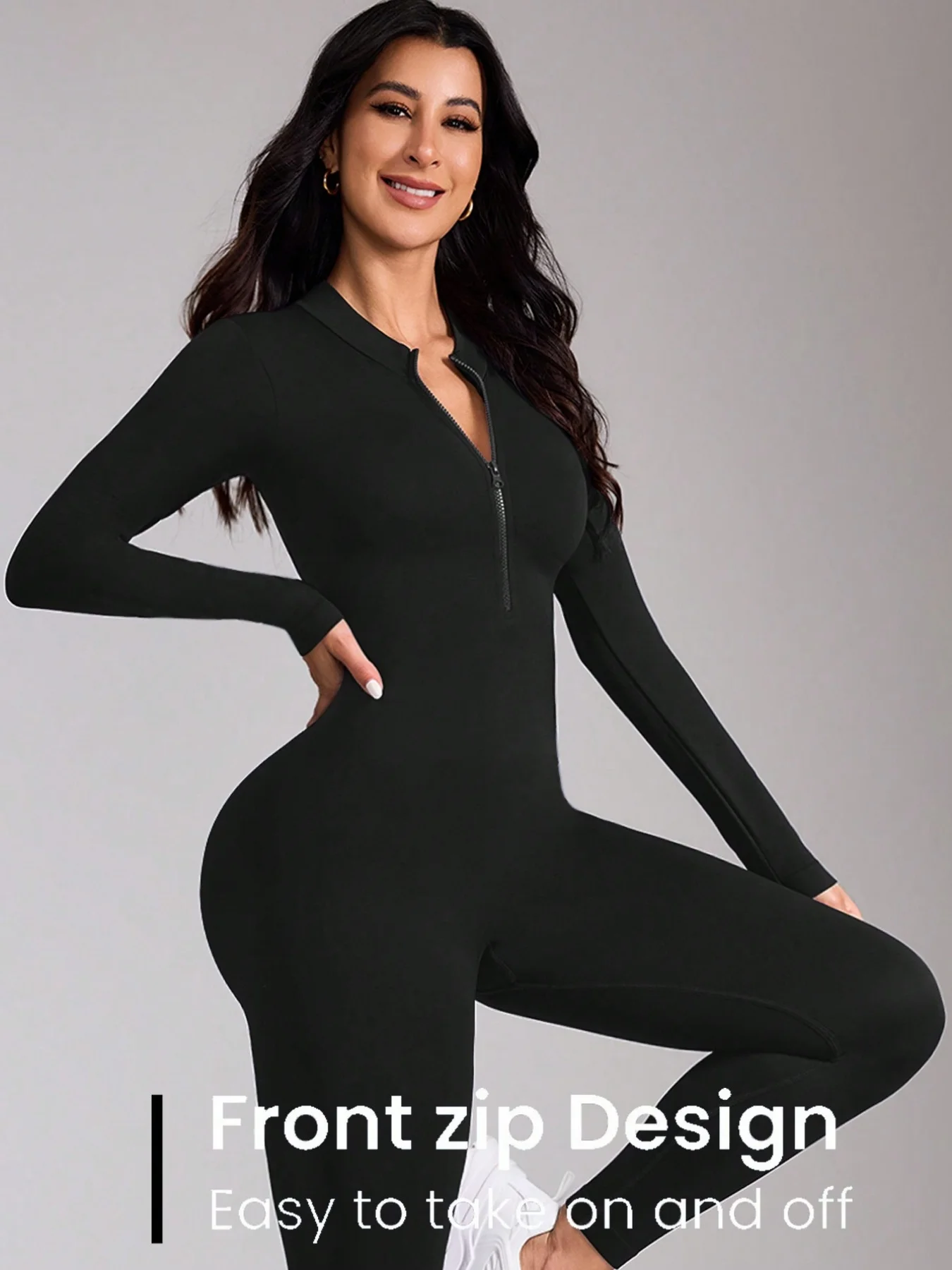 Rückenausschnitt Halber Reißverschluss Nahtloser Workout-Jumpsuit Damen Bauchkontrolle Langarm Yoga Fitness Einteiler Bodysuit – Detail 4
