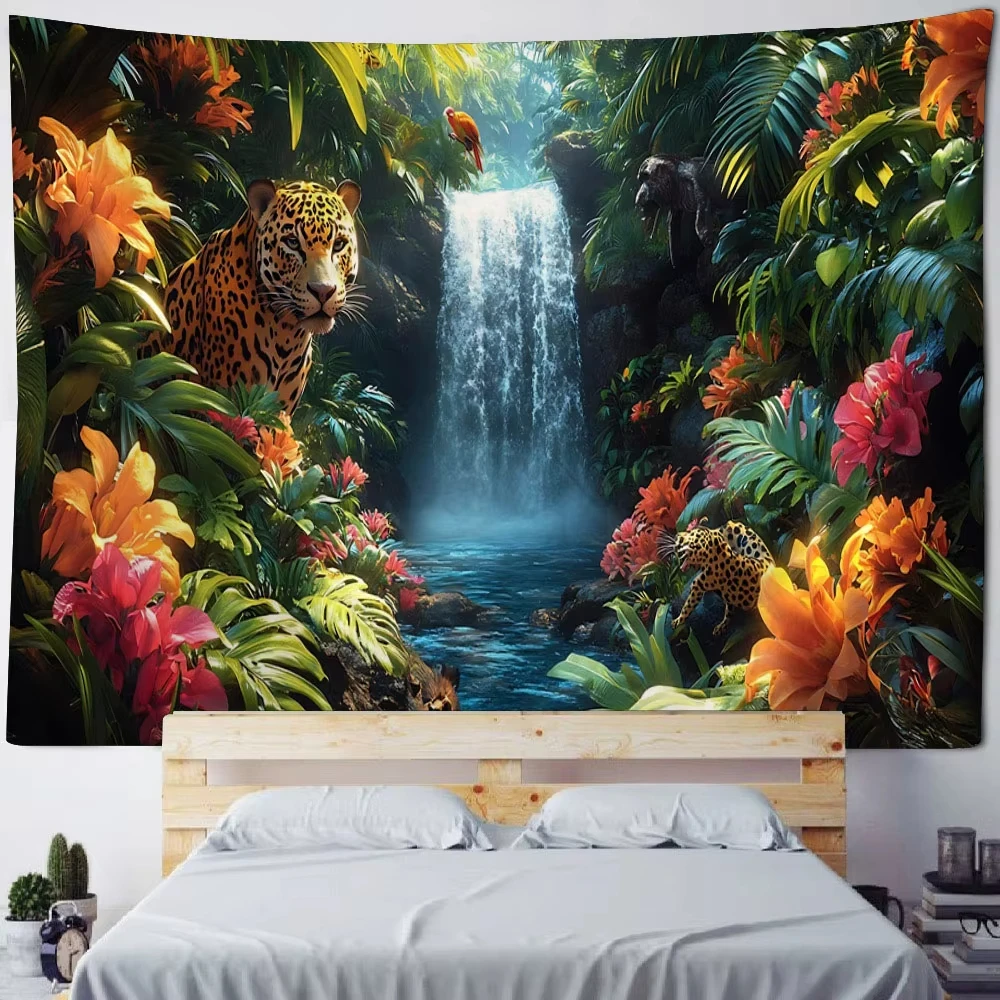 VIKAMA Tropical Rainforest Tapestry Macaw Waterfall Flamingo Dynamic Group Bedroom B&B Decoration