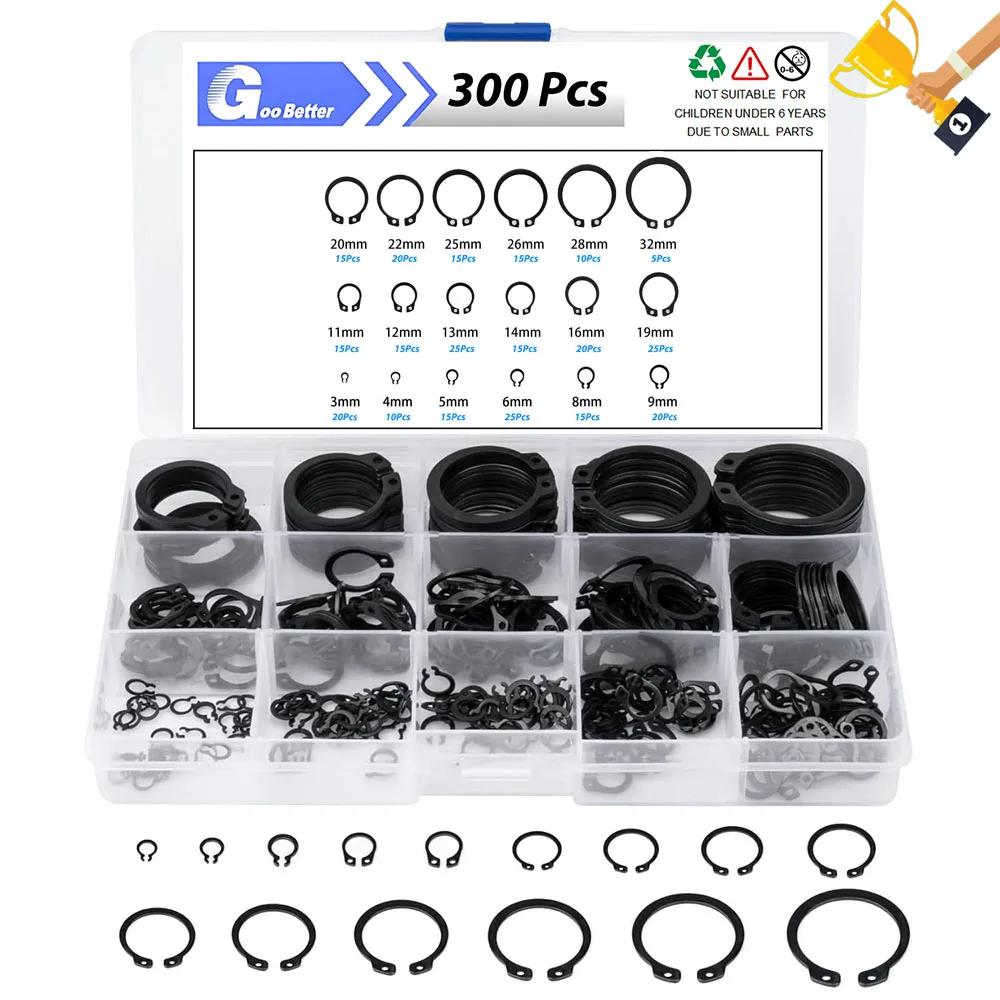 

300Pcs Black Steel C Type Retaining Clip Circlip Snap Ring Set 3mm 4mm 5mm 6mm 8mm to 32mm Internal for Hole Assortment Kit