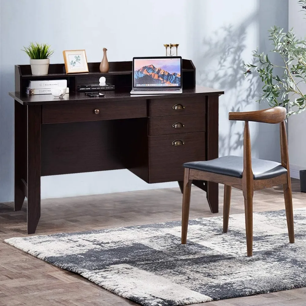 4 Storage Drawers & Hutch, Home Office Desk Vintage with Storage Shelves, Wooden Executive Desk Writing Study Desk