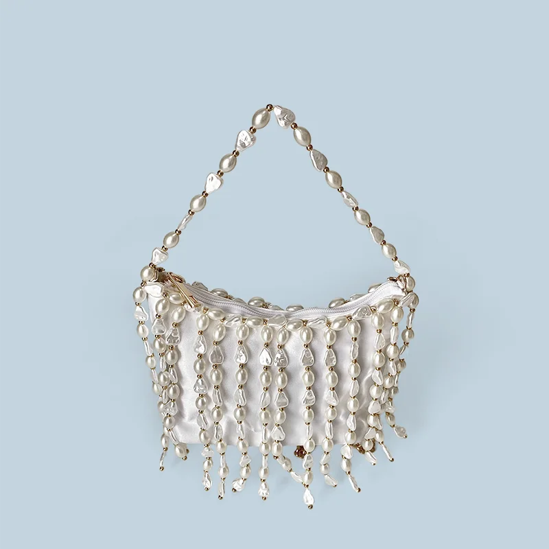 New Chinese retro handmade woven bag, irregular bead water bucket bag, silk satin bread, banquet handbag, crossbody bag