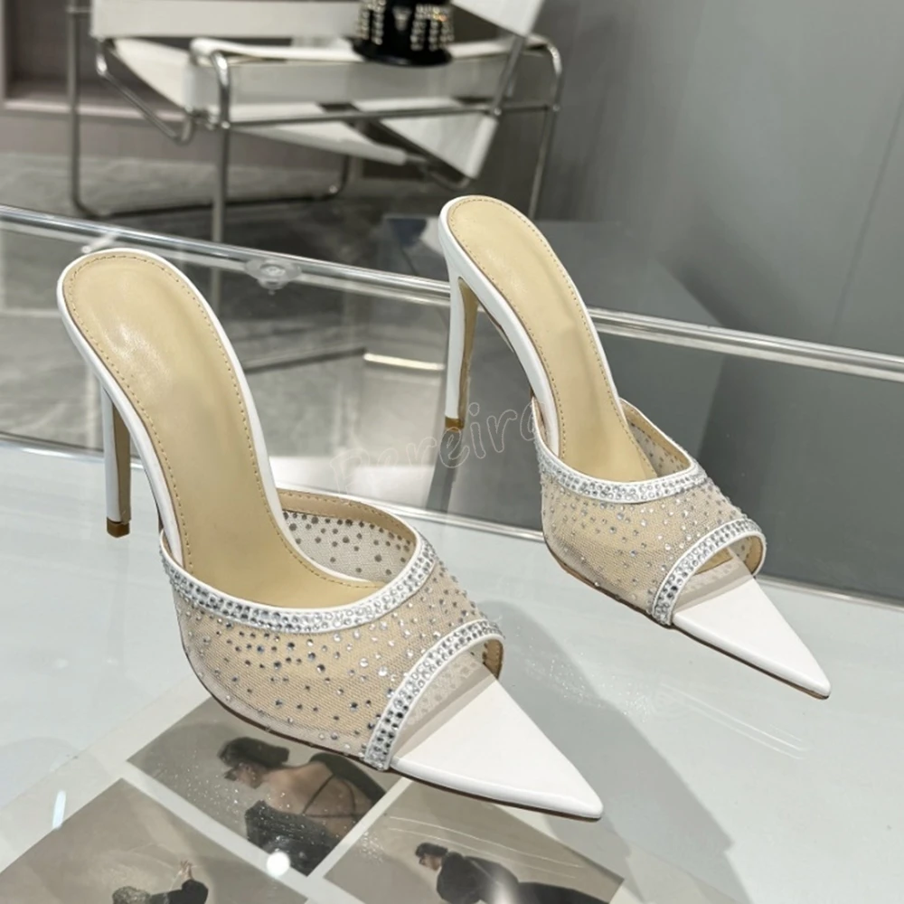 White Mesh Rhinestone Fashion Slippers Women's Solid New Arrival Design Summer Pointed Toe Thin High Heel All-match Sexy Shoes