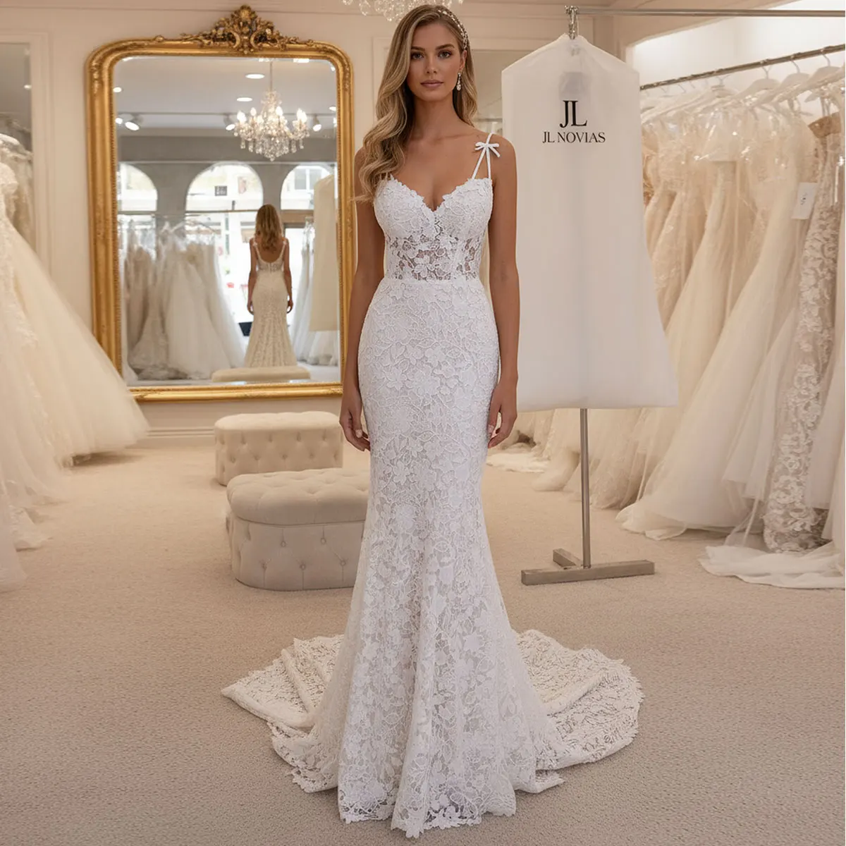 

Romantic Lace Sheath Wedding Dresses With Bow Long V Neck Mermaid Bridal Party Gown For Bride Vestidos Novia