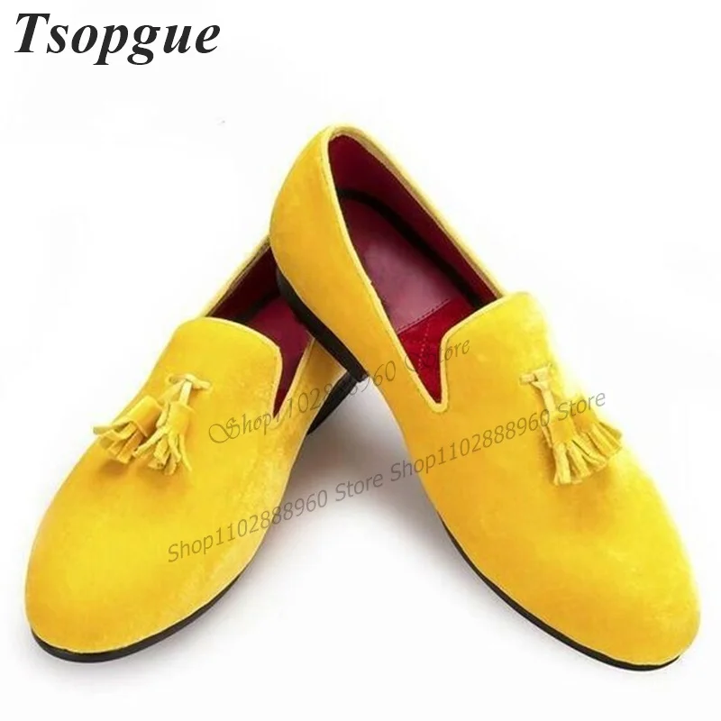 

Yellow Suede Short Fringe Decor Men Shoes Men's Loafer Pumps Slip-On Business Runway Casual Party Shoes 2023 Zapatillas Mujer