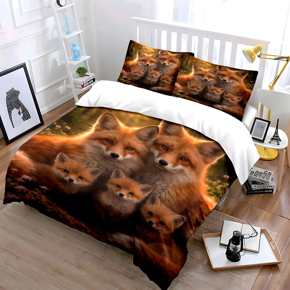 Fox family cuddling in warm forest Printed Duvet Cover Set1 Duvet Cover+2 PillowcaseMulti Size Bedroom Bedding Decor