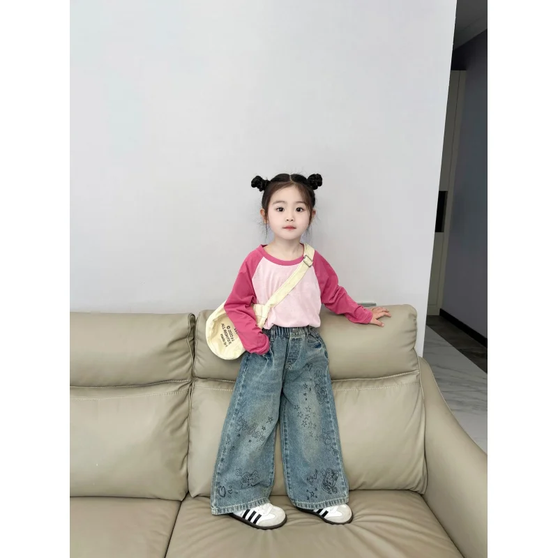 

Girls' Jeans2024Spring New Children2-7Printed Pants-Year-Old Children Straight-Leg Pants Western Style