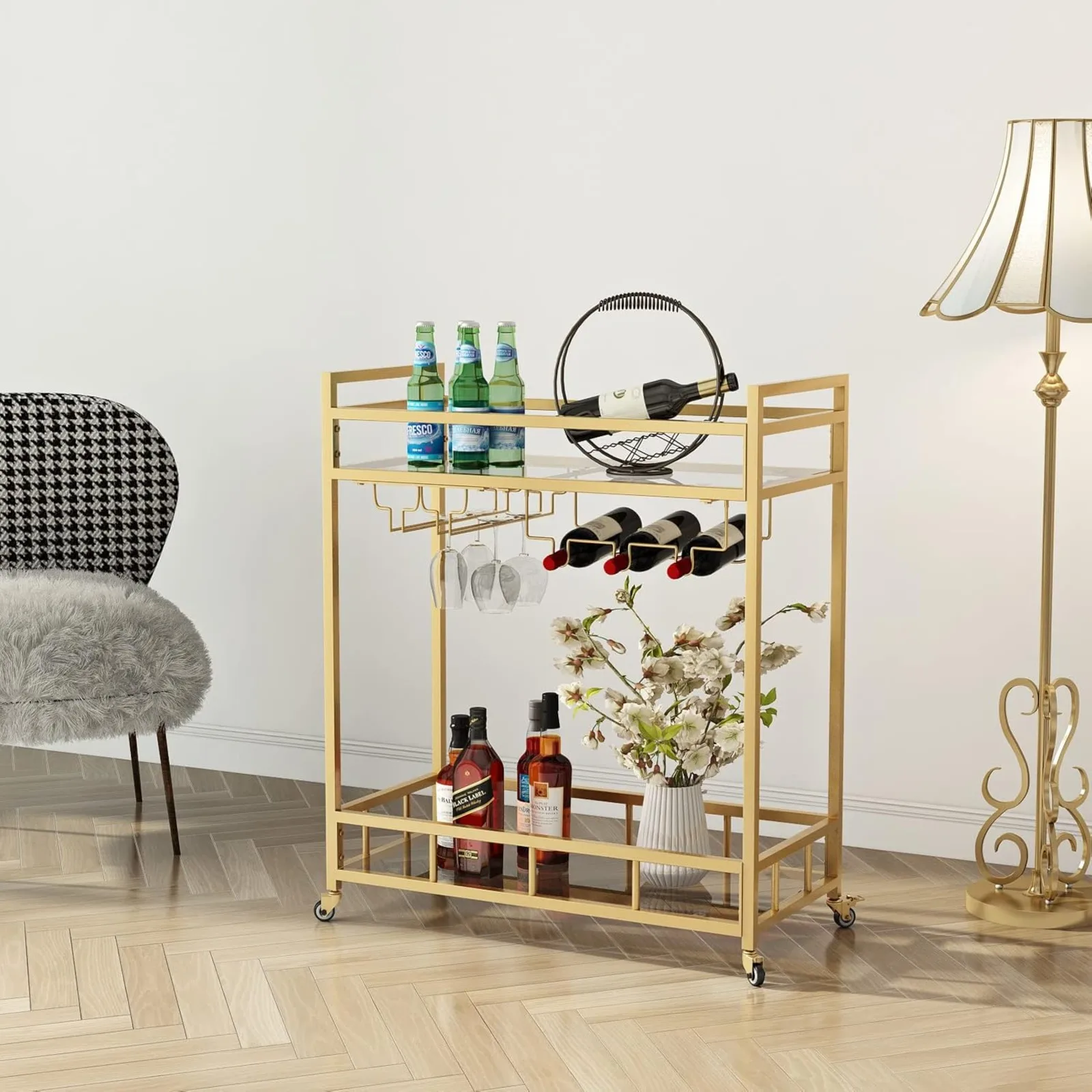 

US Bar Cart Gold with Bottle Storage and Wine Glass, Rolling Serving Bar Cart on Wheels Indoor & Outdoor Bar Carts for Patio,