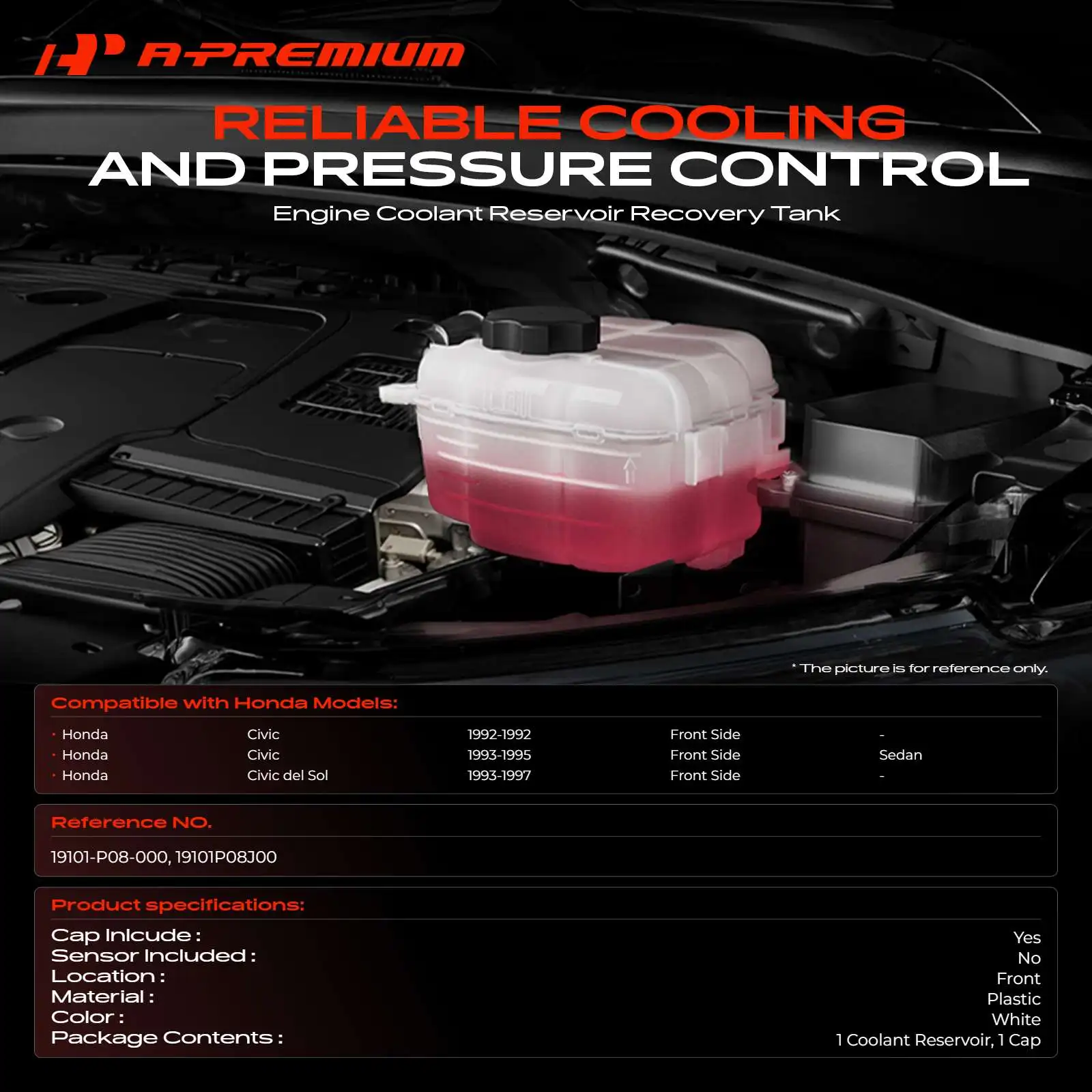 A-Premium Engine Coolant Expansion Tank with Cap for Honda Civic 1992-1995 Civic del Sol 1993-1997