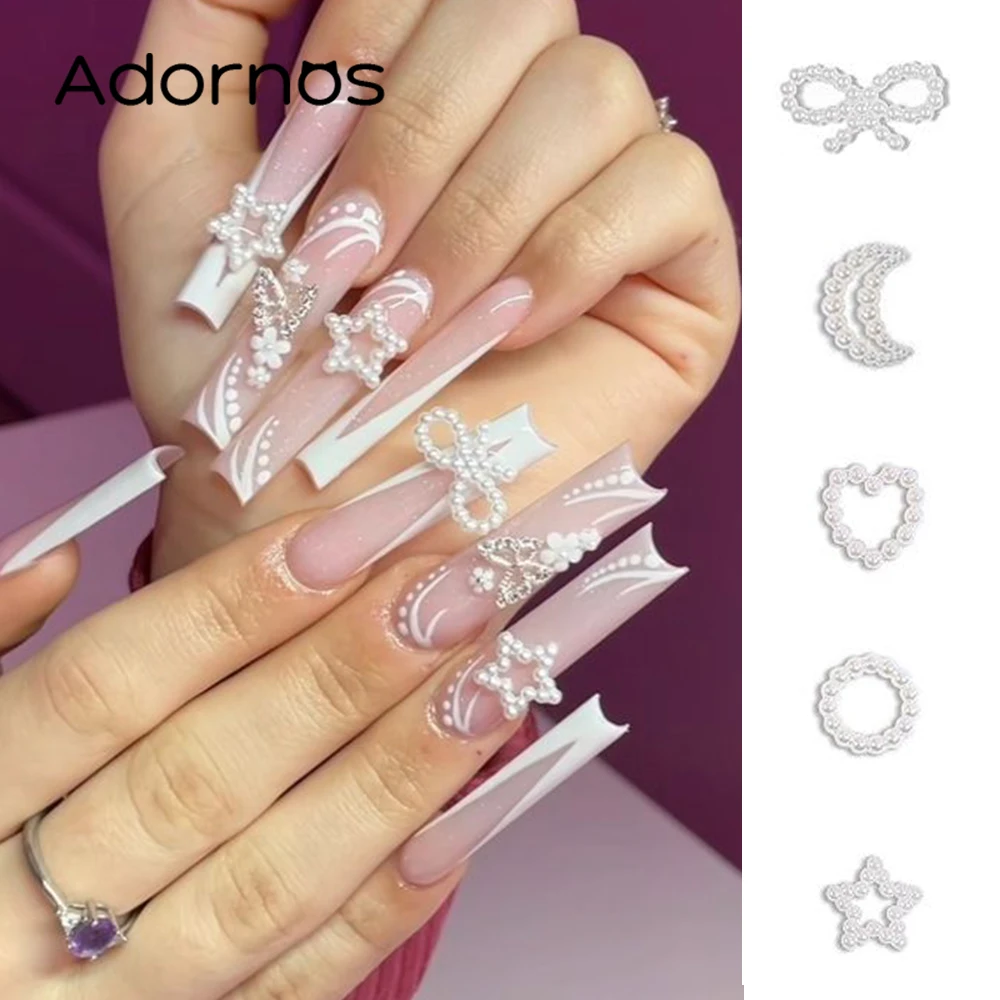 50 Stks/zak Holle Hart Parel Nail Art Bedels Witte Strik Ster Maan Parel Ronde 3d Nagels Deel Decor Diy Manicure Accessoires