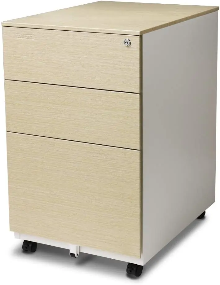 Mobile File Cabinet 3-Drawer Metal with Lock Key Sliding Drawer, White/Light Wenge, Fully Assembled, Ready to Use