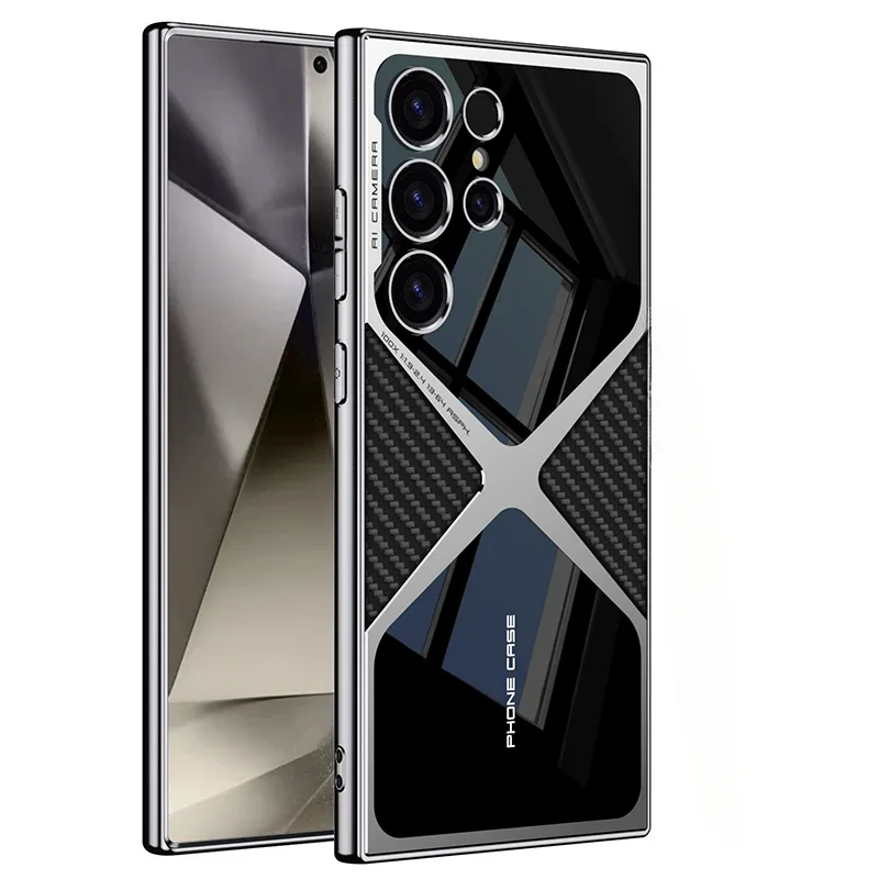 

S25 Ultra Electroplated Plain Leather Phone Case For Samsung Galaxy S25 S24 S23 Ultra 5G PC+TPU Carbon Fiber Shockproof Cover