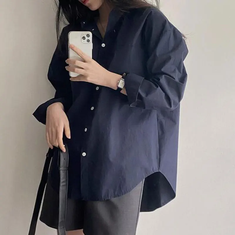 Chic Spring Soft een Oversize Casual Pure Color Long Sve irt Women's Turn-down Collar Top Versatile Loose Fit