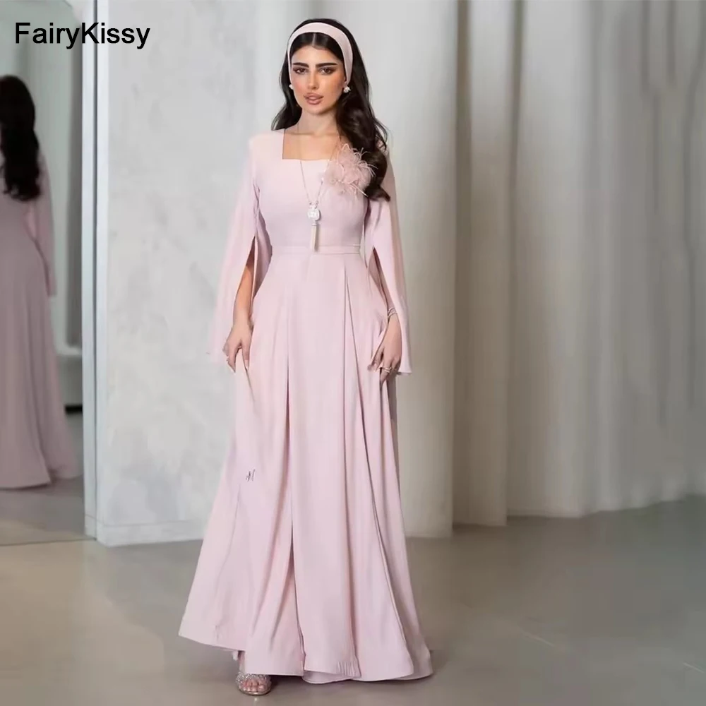 

FairyKissy Elegant Pink A Line Square Neck Evening Dress For Wedding Party Flare Sleeve Prom Dress Saudi Arabic Party Gowns