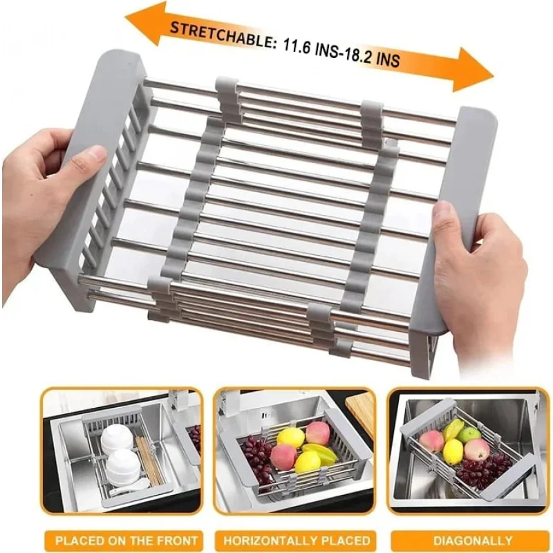 

Adjustable Dish Drainer Stainless Steel Sink Drain Dish Rack Fruit Vegetable Drainer Kitchen Tableware Drain Basket Rack Storage