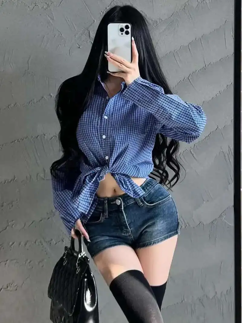 Korean Blue Checkered Designer Collared Long Sleeve Shirt Women's French Stacked Top Fashion Tops Fashion Loose Casual Tops