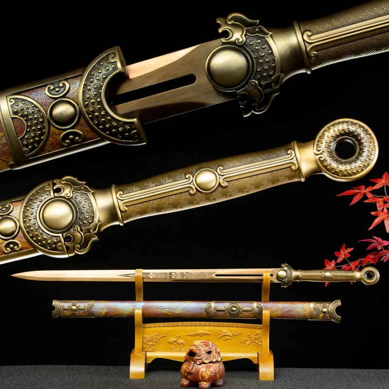 Medieval Han Sword High Manganese Steel Blade Real Full Tang Sharp Handmade Ready Battle Samurai Swords Golden Excalibur Katanas