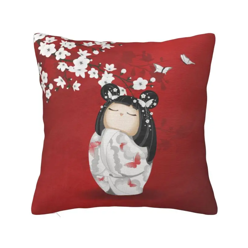 

Kokeshi Doll Cherry Blossoms Cushion Covers 45x45cm Velvet Japanese Geisha Girl hrow Pillow Case for Car Square Pillowcase