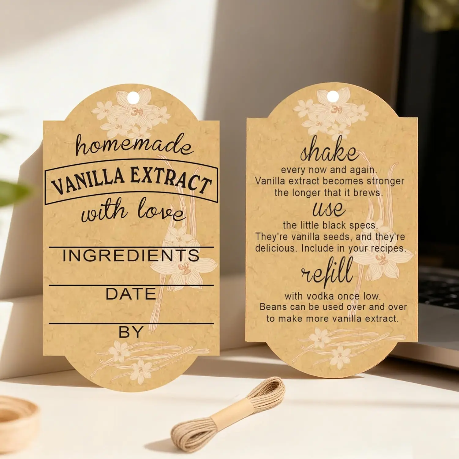 

120 Pcs Kraft Vanilla Extract Labels 2x3.5 Inches Homemade Vanilla Extract Tags with Instructions for Gifting & Refilling