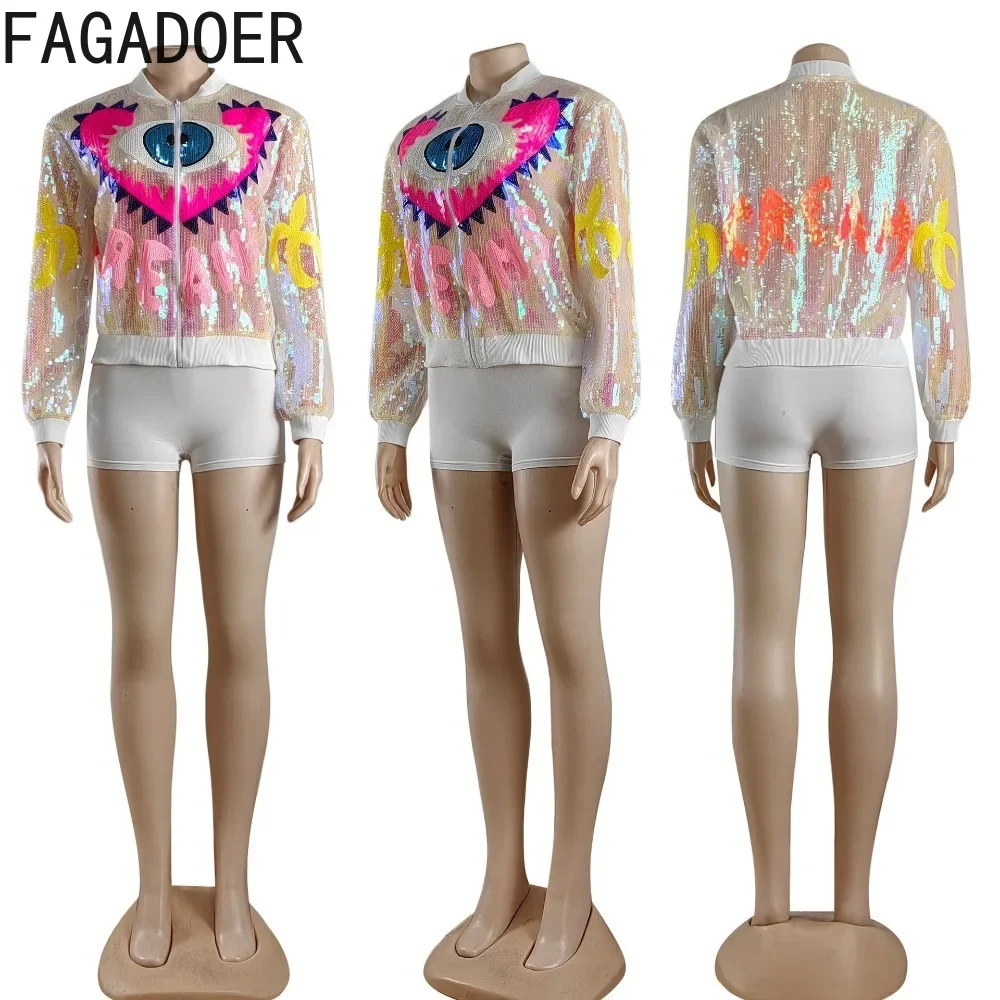 FAGADOER moda paillettes lettera stampa cappotti donna girocollo manica lunga cerniera Slim top Casual femminile Party Club abbigliamento