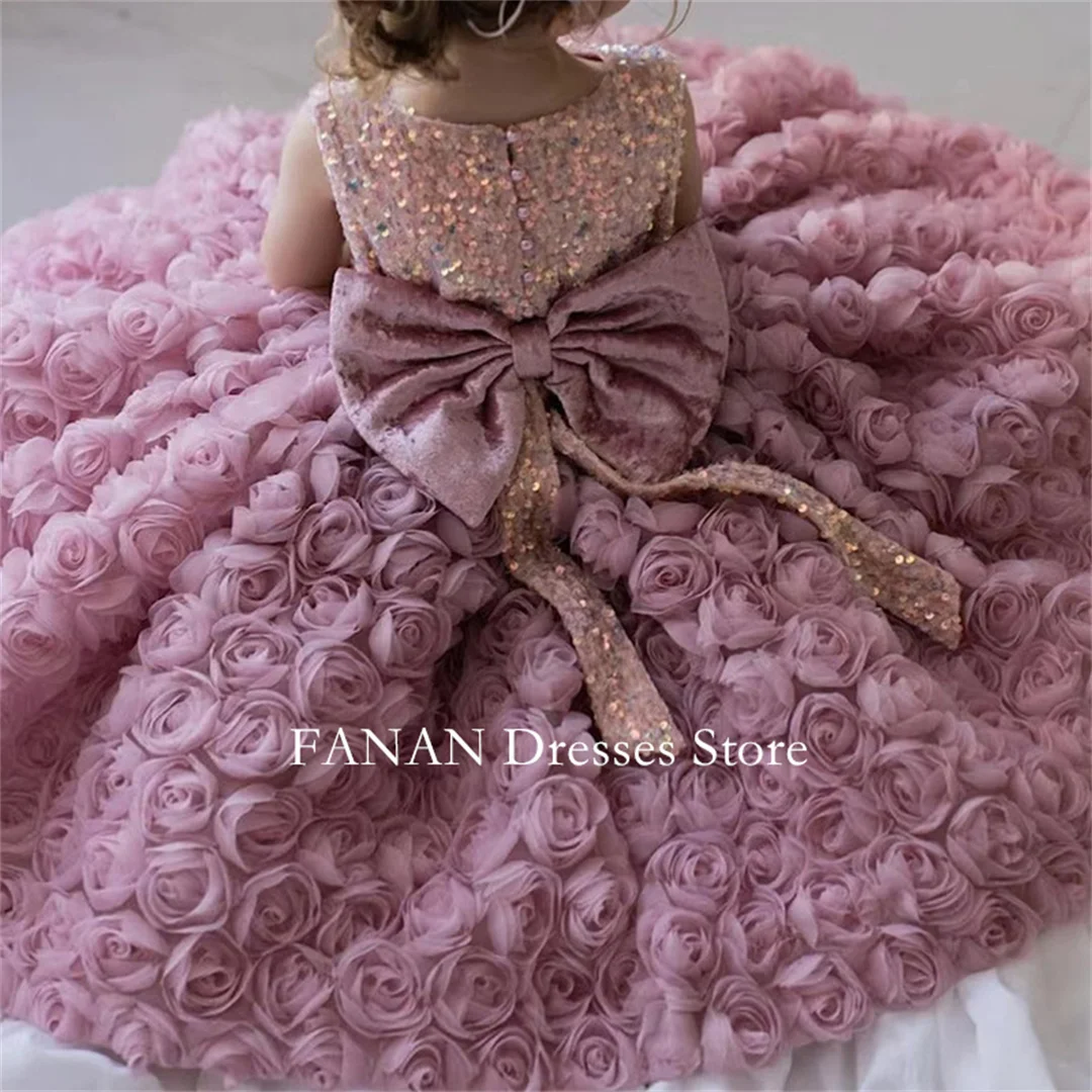 FANAN-Robes de demoiselle d'honneur roses pour filles, robe de princesse à col rond pour enfants, fête d'anniversaire, première communion, nouvelle mode