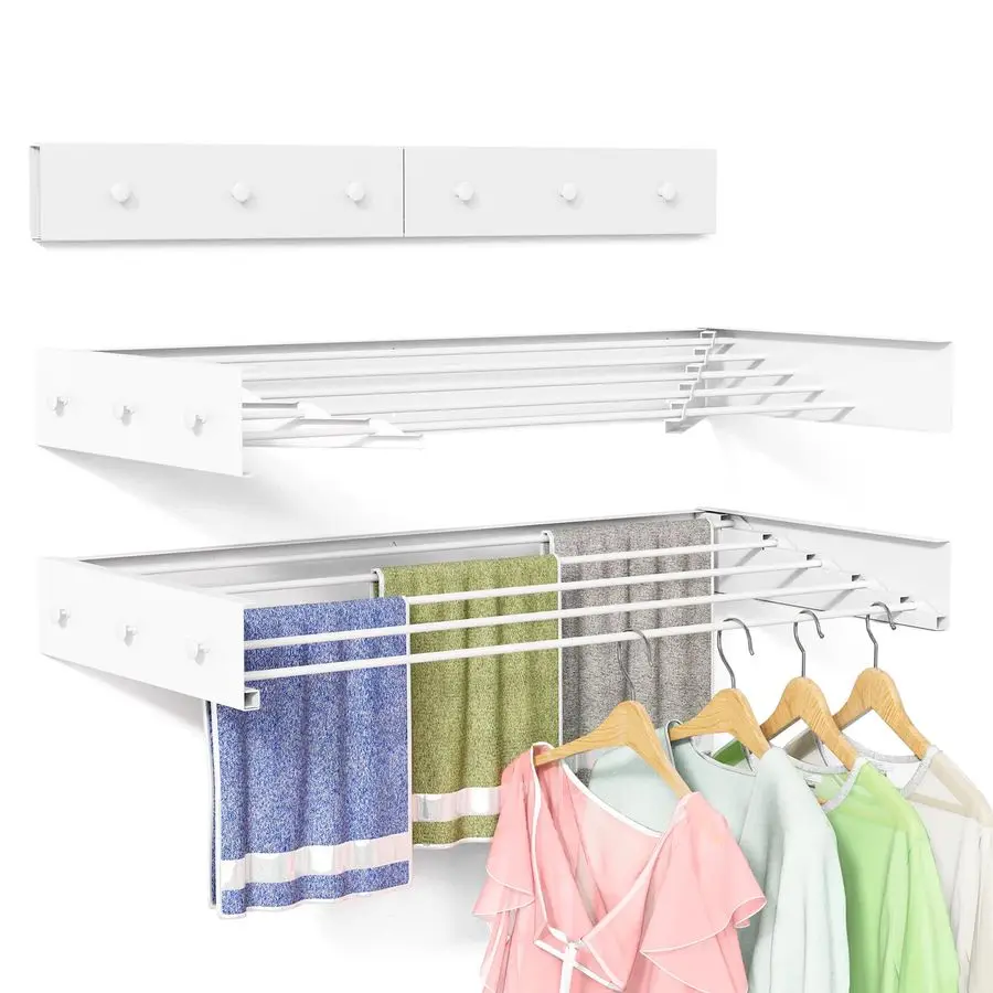 

Mounted Drying Rack for Laundry 31.5, Folding Clothes Drying Rack Wall Mount with 5 Rods and 6 Hooks, Space Saving Collapsible T