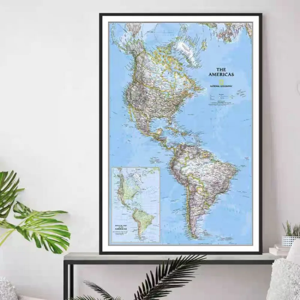 Large HD Americas Map Posters Prints Library Wall Chart - Cotton Canvas Painting Wall Art Living Room Offices Home Decor - Gift