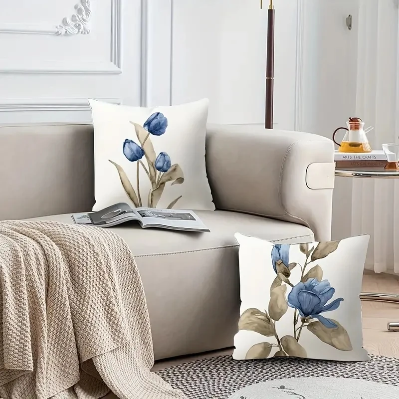 1pc Blue narcissus Painting Cushion Cover, Room Decor, Scene Decor, Home Ornament Gift, Party Decor, Bedroom Accessories
