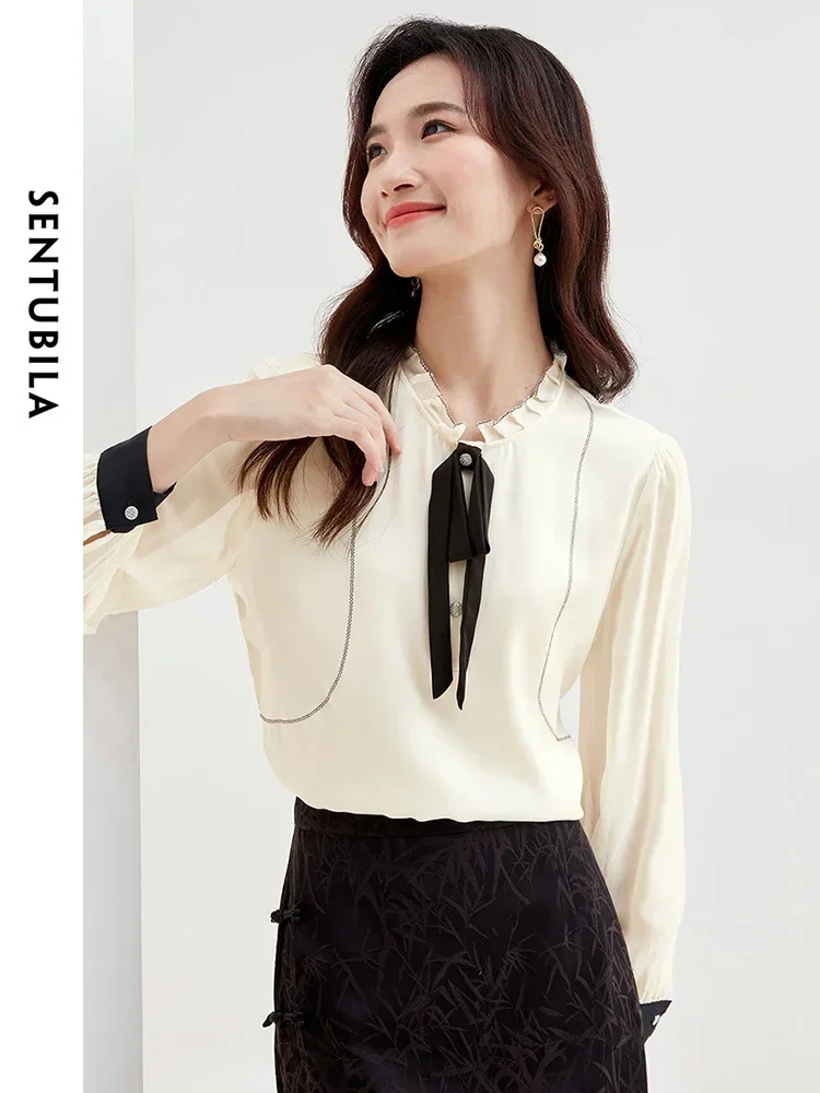 SENTUBILA Ruffled Bow Neck Chiffon Blouse for Women 2025 Spring Autumn Elegant Fashion Shirts Blouses Womens Tops 141V52357