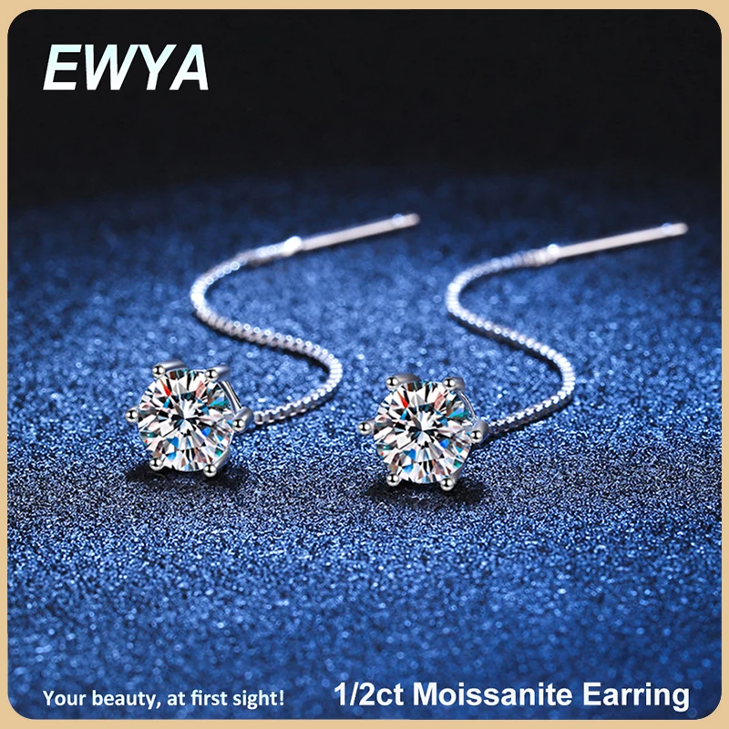 

EWYA S925 Sterling Silver 0.5-1CT D VVS1 Diamond with GRA Classic 6 Prong Moissanite Tassel Stud Earrings for Women Fine Jewelry