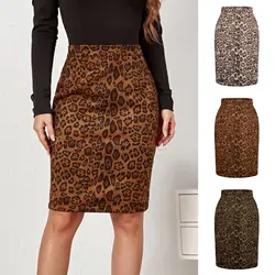 Women Skirts Sexy Suede Midi Pencil Skirt Leopard Print Autumn Winter Fashion Streetwear Elastic High Waist Bodycon Skirts
