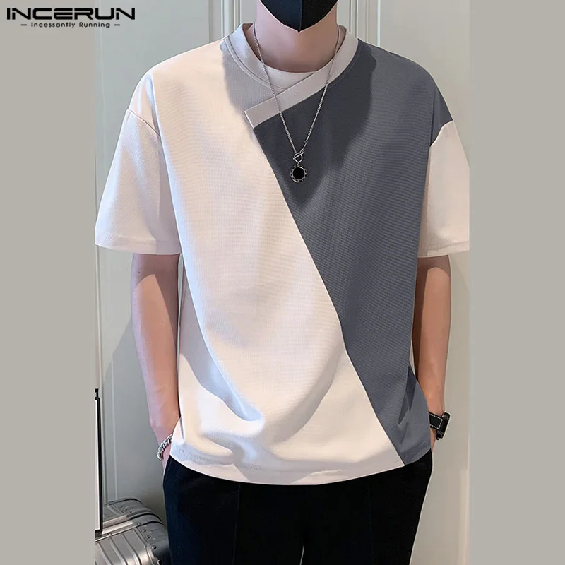 INCERUN Tops 2024 Korean Style Handsome Men\'s O-neck Irregular Patchwork T-shirts Casual Streetwear Short Sleeved Camiseta S-5XL