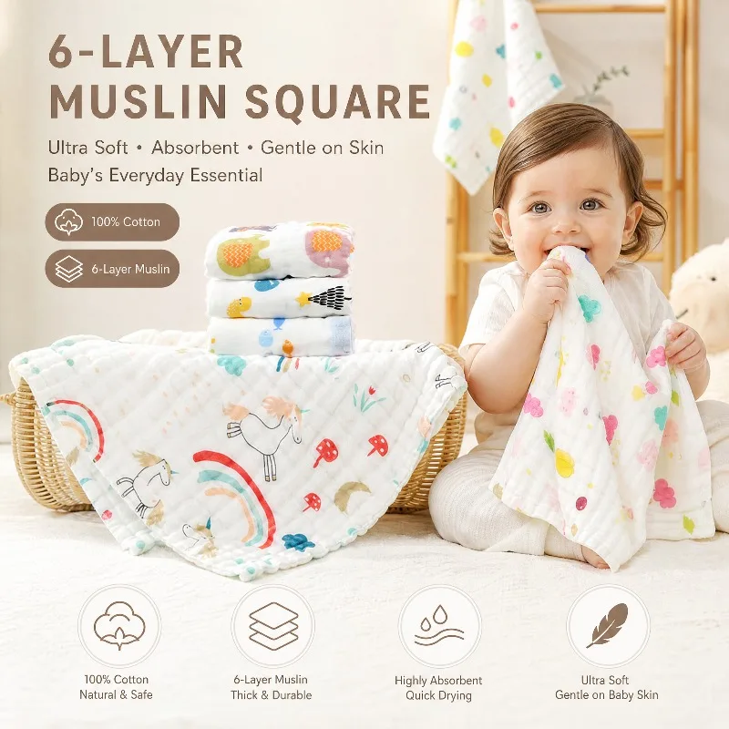 6 Layers Cotton Gauze Towel 25x25cm Baby Candy Colors Cartoon Printed Hand Wipe Children Folds Hand Towel 1/3Pcs