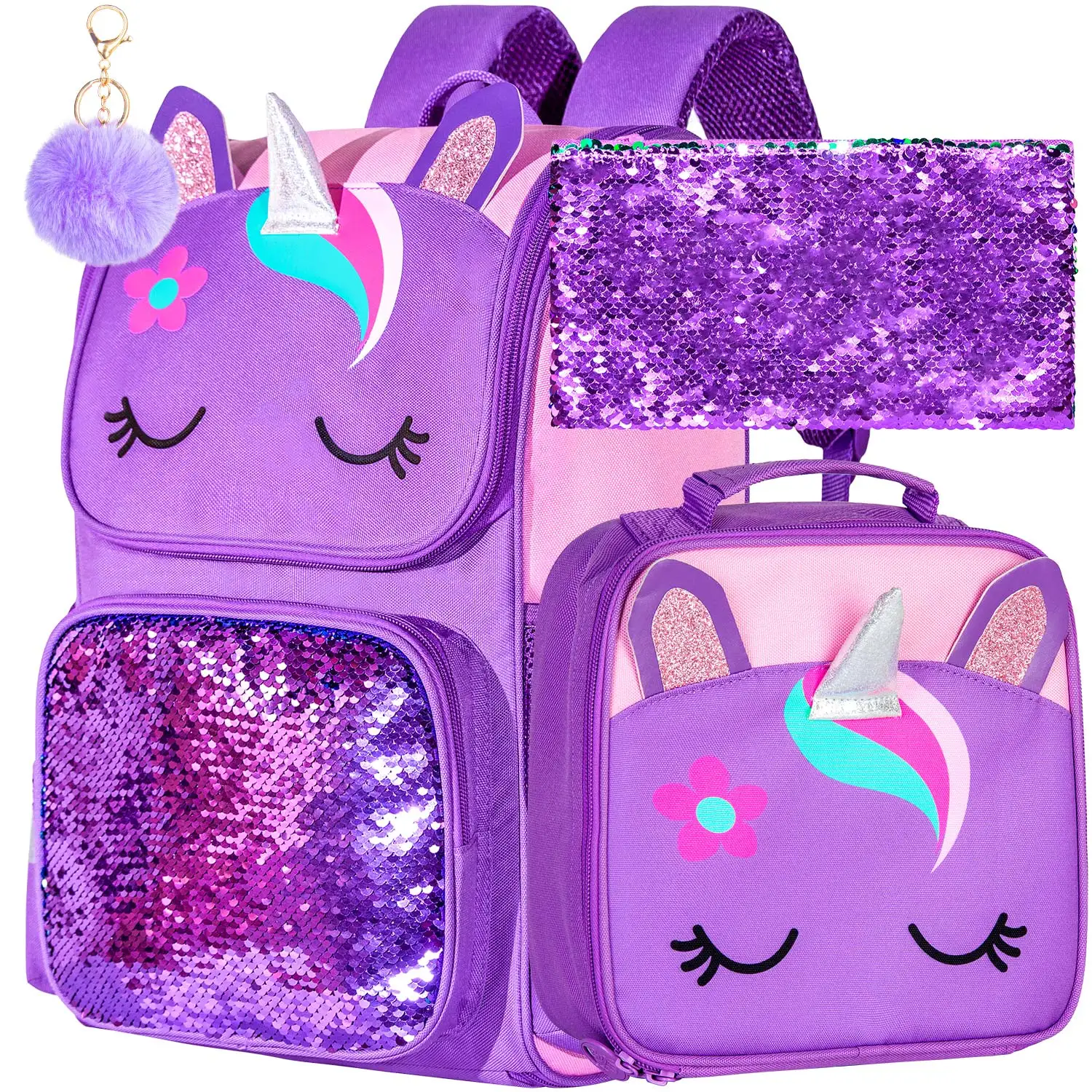 Mochila de unicornio de 3 piezas, mochila de lentejuelas para niñas de 15 "con fiambrera, mochila escolar morada para niños para primaria 2 vendida