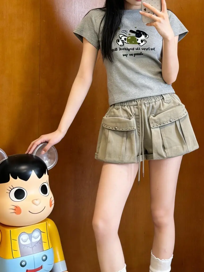 

American Style Heavy Duty Rivet Workwear Shorts Women Summer New Elastic Drawstring High Waist Loose Slimming Wide Leg Hot Pants