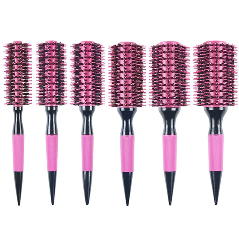 Professional 6 Size Pink Wooden Ceramic Rolling Comb Round Hair Comb Brush With Boar Bristle Hairdressing Mix Nylon Styling Tool