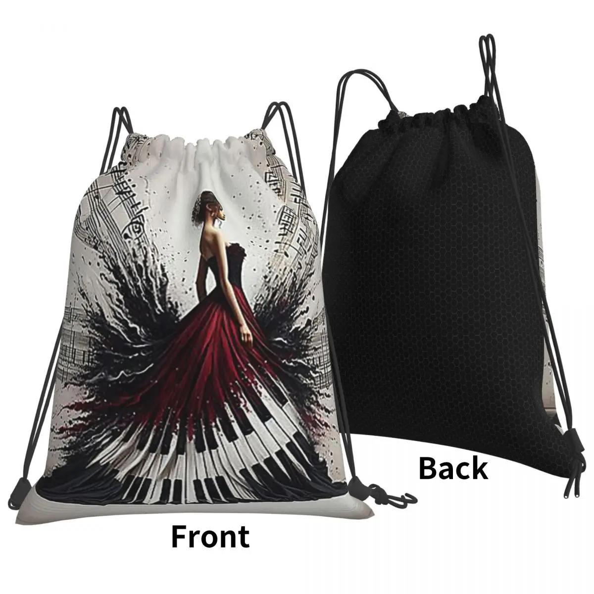 Beautiful Lady Piano Musical Notes, Wavy Dress Backpacks Multi-function Drawstring Bundle Pocket Shoes Bag Book Bags School