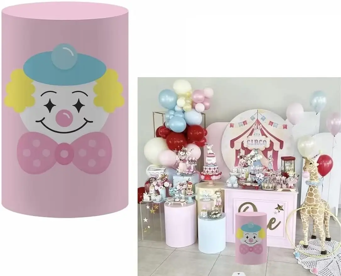 서커스 실린더 받침대 커버, 파티 장식, 핑크 광대 카니발 베이비 샤워, 생일 파티 디저트, 식탁보 장식