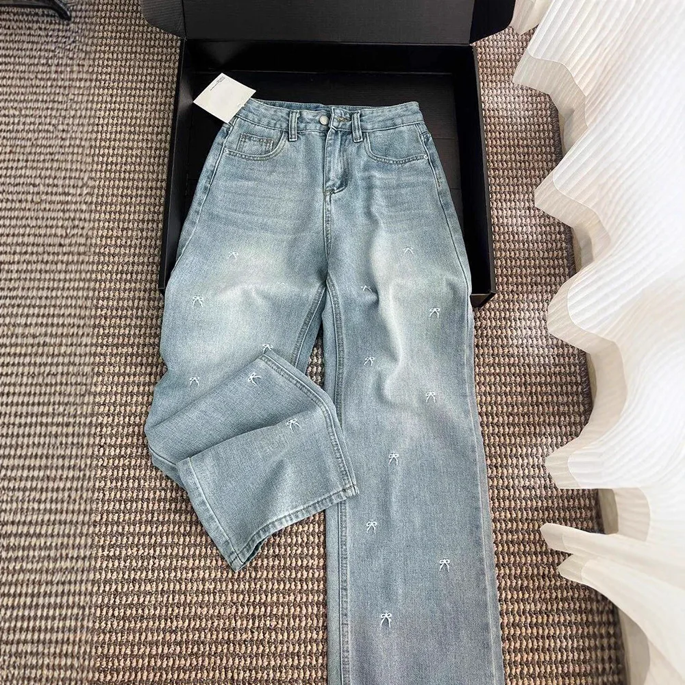 

Light Blue Bow Straight Wide Leg Denim Pants for Women Chic Embroidery High Waist Loose Trousers 2026 New Lady Slim Full Jeans