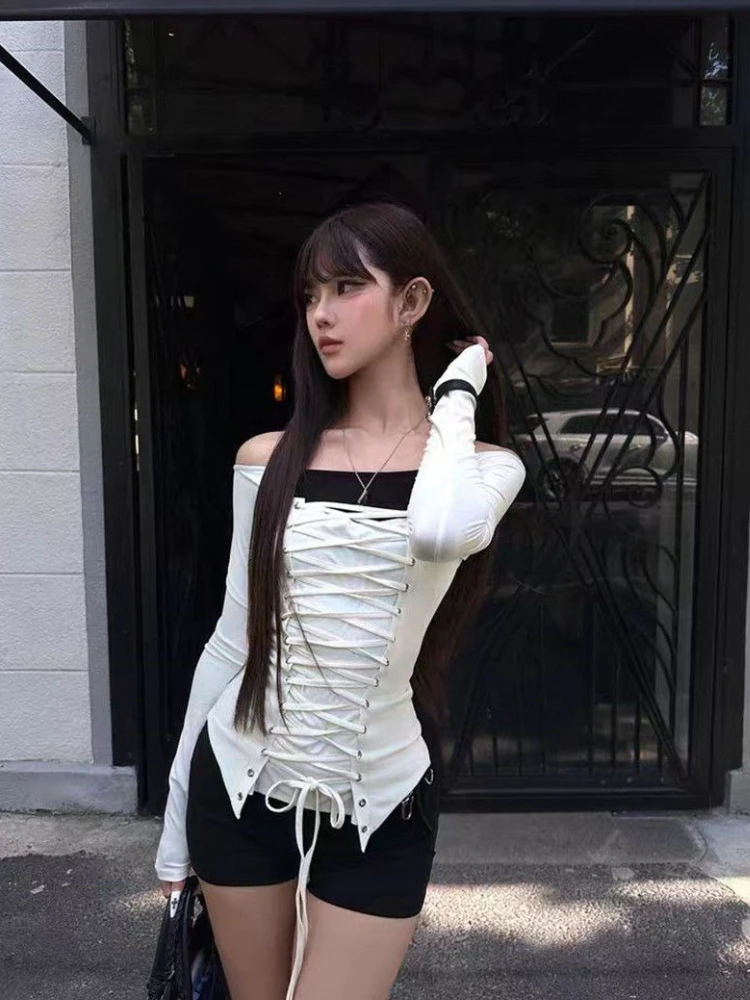 Y2k الفرنسية أنيقة المرقعة الدانتيل يصل سليم مثير كم طويل الخريف المرأة تيز 2000s الأمريكية خمر مائل الرقبة تي شيرت شيك #2