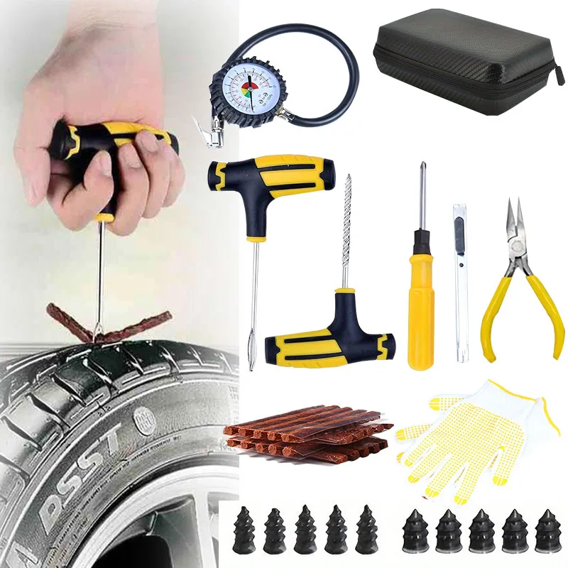 Kit Universal Profissional de Reparo de Pneus para Carros, Ferramenta de Emergência para Remendar Furos em Pneus de Caminhões, Motocicletas e ATVs