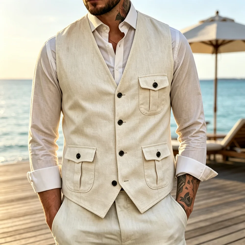 Men's Linen Vest V-Neck  Single Breasted Sleeveless Summer Men's Waistcoat With Multi Flap Pockets  For Beach