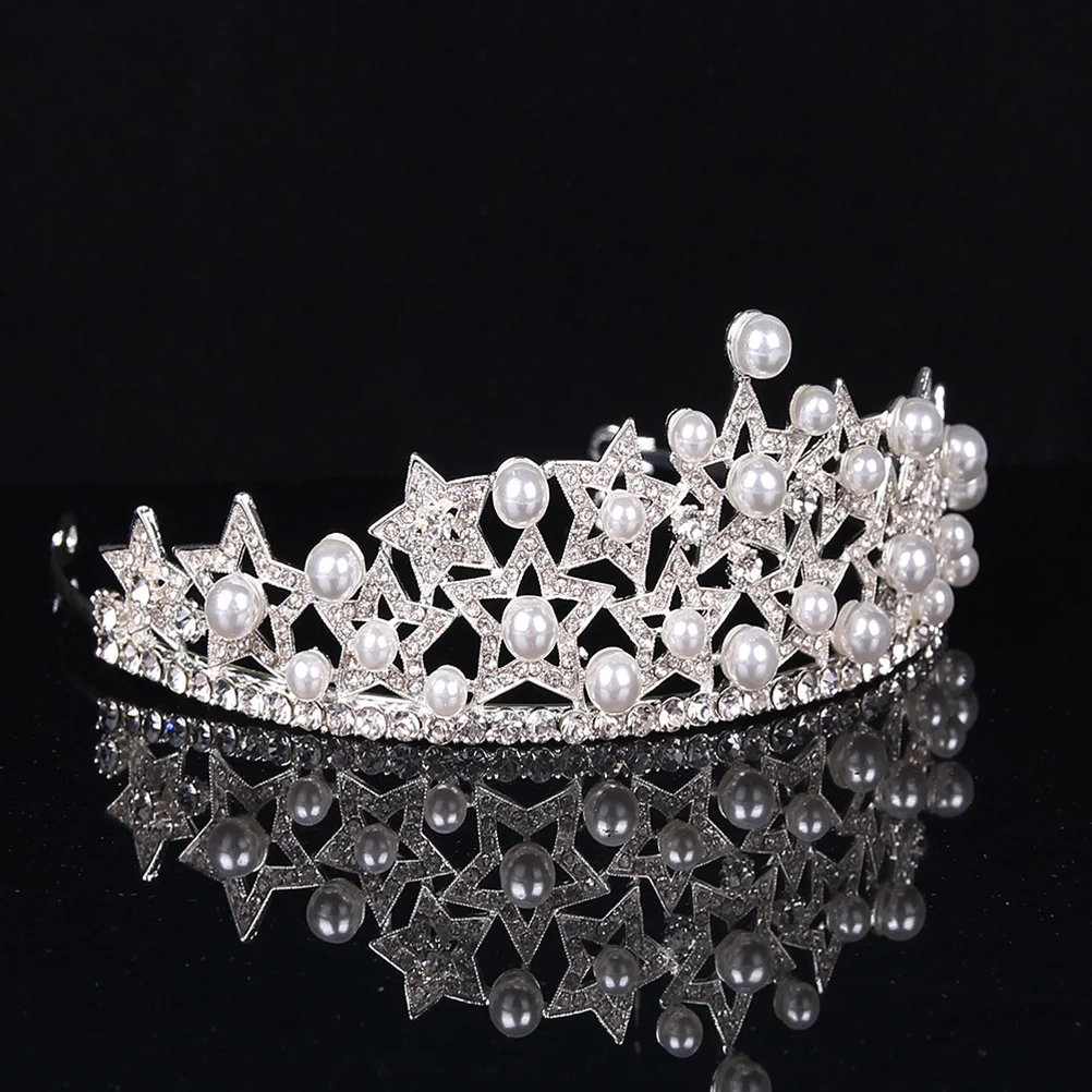 

Vintage Alloy Pearl Pentagram Crown Wedding Tiara Bridal Headband Queen Decorative Accessories For Women Event Hair