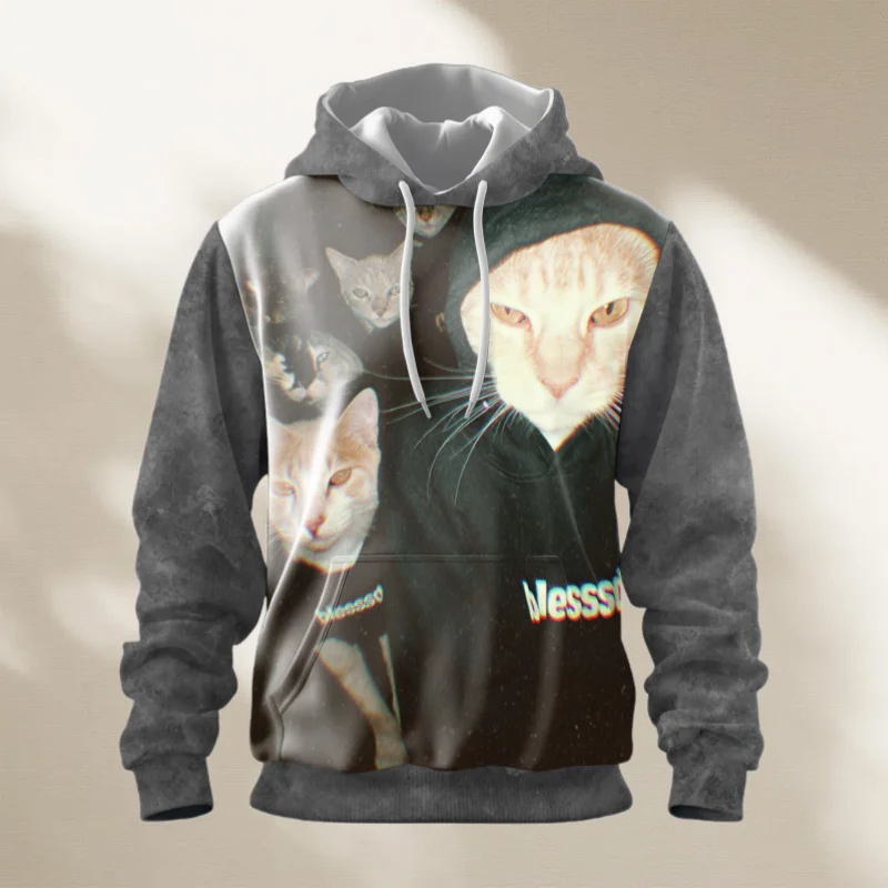 

Cat Squad Забавный персонализированный 3D принт Мужской пуловер с капюшоном Мягкая удобная ветрозащитная повседневная куртка с длинным рукавом и круглым вырезом