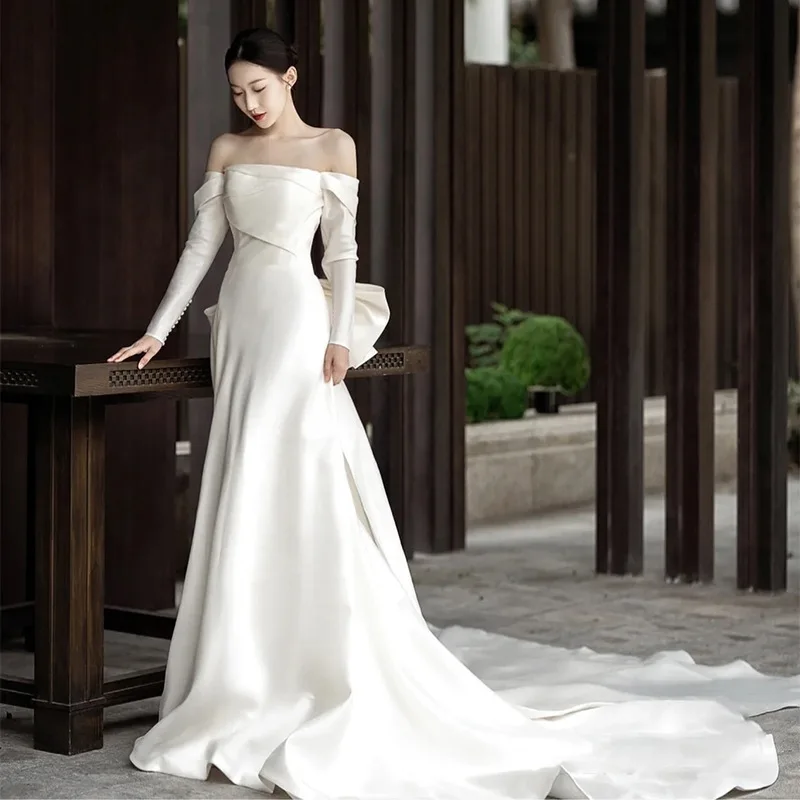 

Sexy Boat Neck Robe De Mariee 2023 New Long Sleeve Wedding Dress With Train Satin Vestido De Noiva Simples With Big Bow