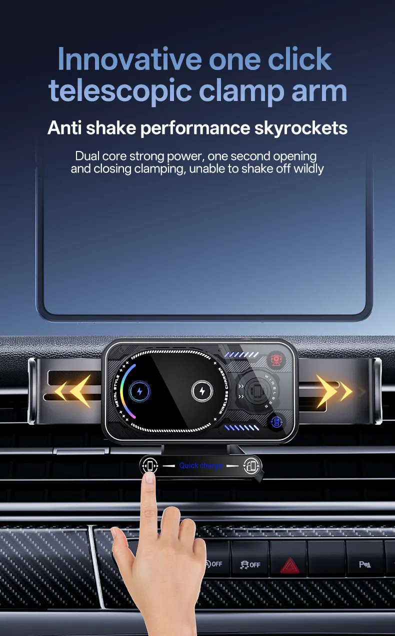 15W Schnelles Kabelloses Lade-Autohalterung für Handys 90 ° Ein-Klick-Drehhalterung, Stabiler Anti-Wackel-Lüftungsclip für alle Smartphones – Detail 5