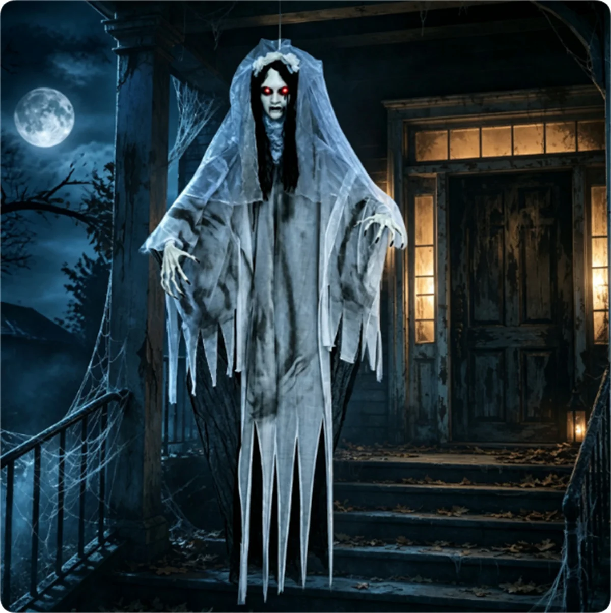 6FT Life Size Hanging Ghost Bride Halloween Decoration, Sound Activated Animated Prop with Glowing Red Eyes & Poseable Arms for Porch Haunted House Party Decor