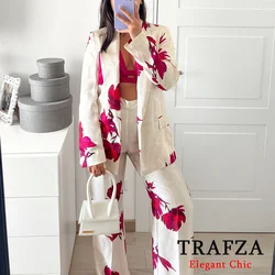 TRAFZA Casual Printed Blazer Suit Women's Lapel Blazer with Pant New 2024 Spring Fall Dinner Date Office Party Blazer Suit