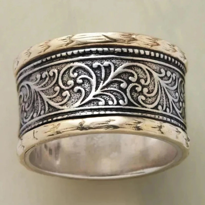 Huitan Vintage Antik Zweifarbige Breite Ringe für Frauen mit Geschnitztem Blattdesign für Tägliches Tragen, Party, Hip-Hop, Punk Damenring Moderner Schmuck