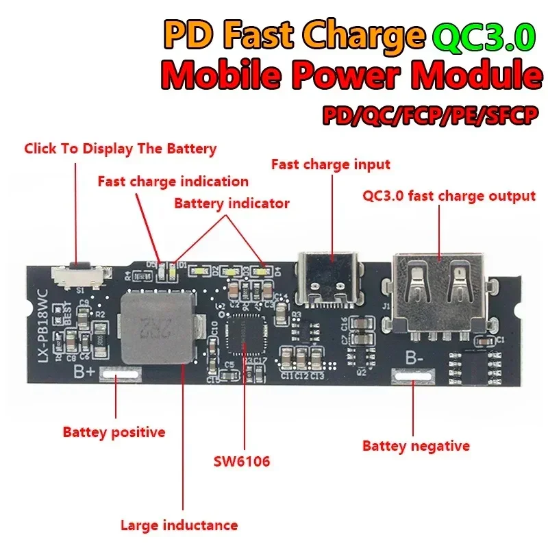 QC3.0 QC2.0 Dual USB 18W Type-C USB SW6106PD Fast Charge Mobile Power Bank 18650 Charging Module With Indicator